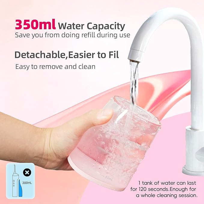 Water Dental Flosser for Teeth: 350ML Cordless Portable 4 Modes Oral Irrigator, IPX7 Waterproof, Rechargeable Water Floss Pik for Cleaning Gum Care Braces for Home Travel(Pink)