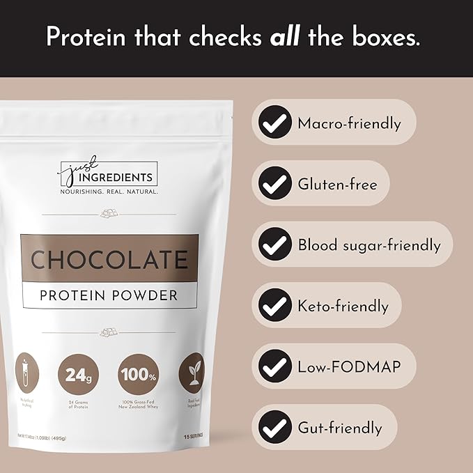 JUST INGREDIENTS Protein Powder | 15 Servings | 24g Protein | Chocolate Flavor Made with 100% Grass-Fed, Non-Denatured Whey | Five Different Sources from Organic Whole Food Ingredients