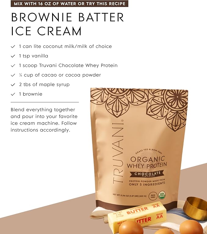 Truvani Organic Whey Protein Powder | Chocolate | 20g Grass Fed Whey Protein | 20 Servings | USDA Organic & Non-GMO | Gluten Free | No Gums, No Soy, No Stevia, No Added Sugars