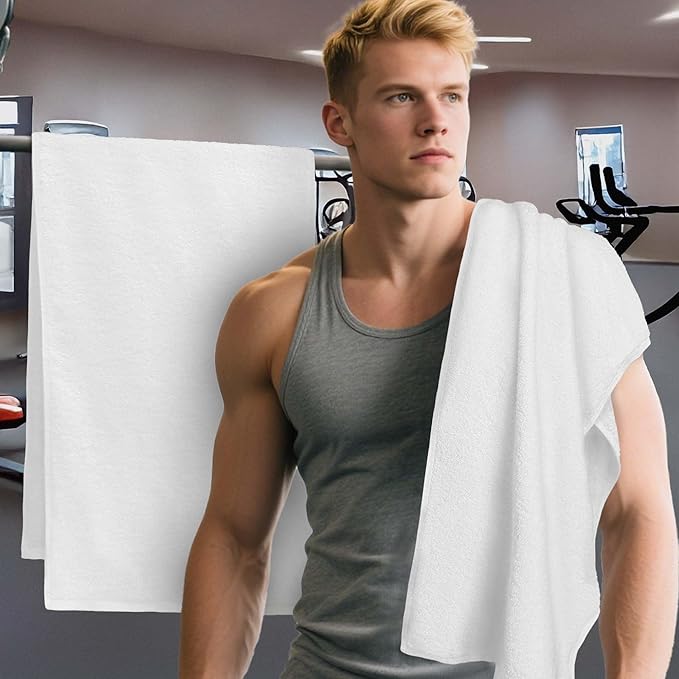 Sweat Towel for Men & Women, Sports Hand Towel for Yoga, Shower, Tennis, Running, Exercise & Fitness - 100% Cotton, Breathable, Soft & Absorb, Workout Towels for Gym (2PC, 14"x48") , White