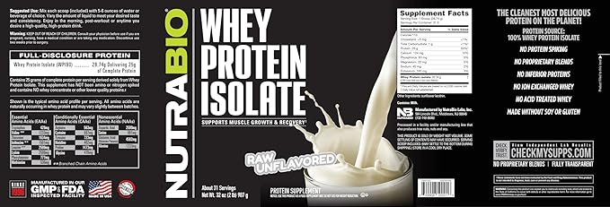 NutraBio 100% Whey Protein Isolate Protein Powder, 25g Protein with Complete Amino Acid Profile, Non-GMO, Soy & Gluten Free, Low Carb, Low Calorie Whey Protein Powder, Raw Unflavored, 2 Lbs