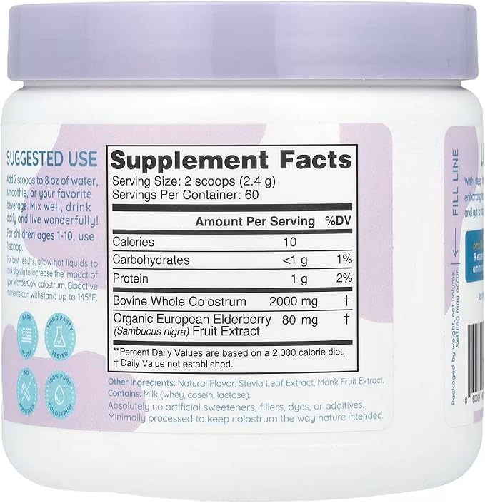 WONDERCOW Colostrum Supplement Powder for Gut Health, Immune Support, Muscle Recovery & Wellness | Natural IgG Pure Whole Bovine Colostrum Superfood, Elderberry, 60 Servings