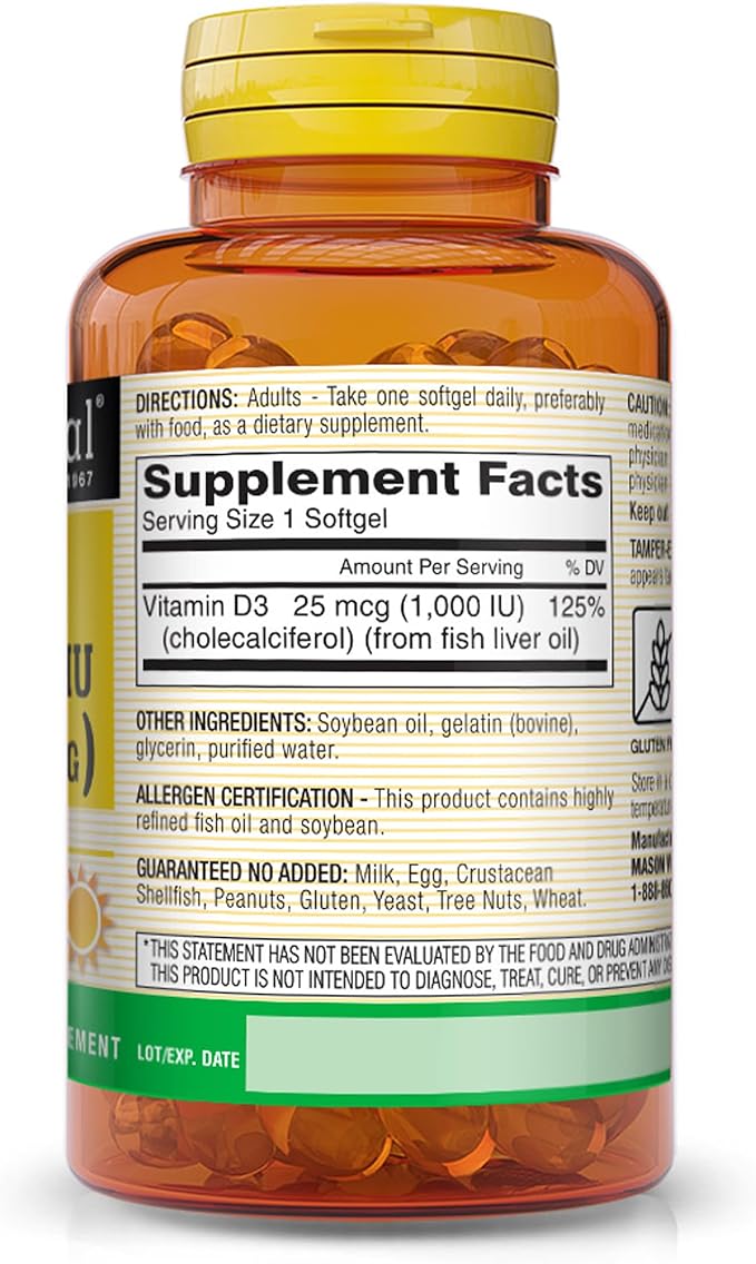 MASON NATURAL Vitamin D3 25 mcg (1000 IU), Supports Overall Health, Strengthens Bones and Muscles, from Fish Liver Oil, 300 Softgels