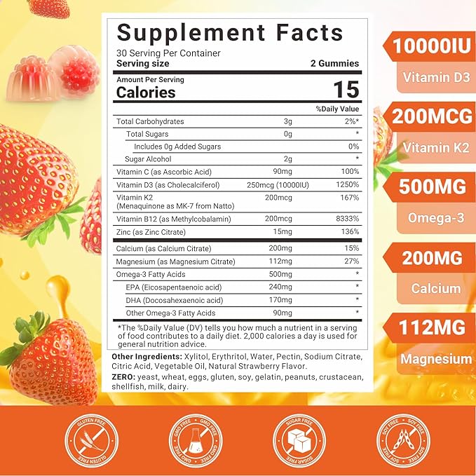 Vitamin D3 K2 Gummies, Vitamin D3 10000 IU & K2 (MK-7) 200 mcg - D3 K2 Supplement with Omega 3, Calcium, Magnesium for Bone Muscle Teeth Immune