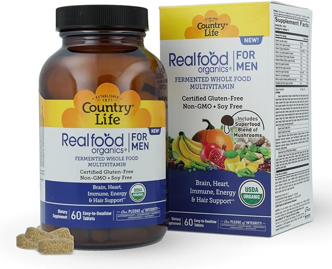 Country Life RealFood Organics for Men – 60 Tablets | 1,300mg Organic Fermented Whole Foods, 7-Mushroom Superfood & Aloe – Certified Gluten-Free, Vegan & USDA Organic Multivitamin