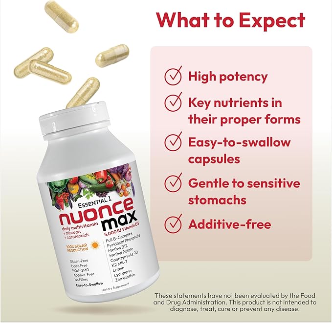 ANDREW LESSMAN Essential-1 nuonce max Multivitamin 5000 IU Vitamin D3 180 Small Capsules. 100 mcg Methyl B12. CoQ10 Lutein Lycopene Zeaxanthin. High Potency. No Additives. Ultra-Mild One Daily Capsule