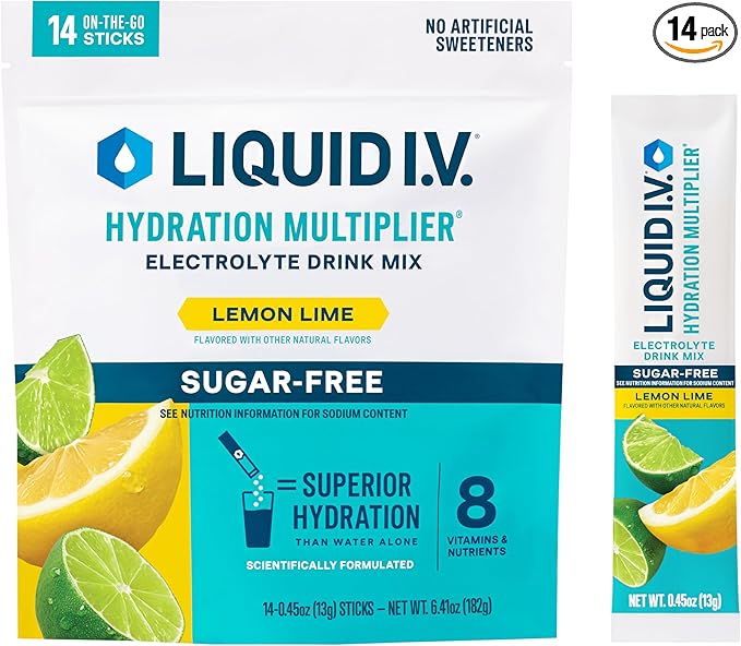 Liquid I.V. Sugar-Free Hydration Multiplier - Lemon Lime – Hydration Powder Packets | Electrolyte Powder Drink Mix | Easy Open Single-Serving Sticks | Non-GMO | 1 Pack (14 Servings)