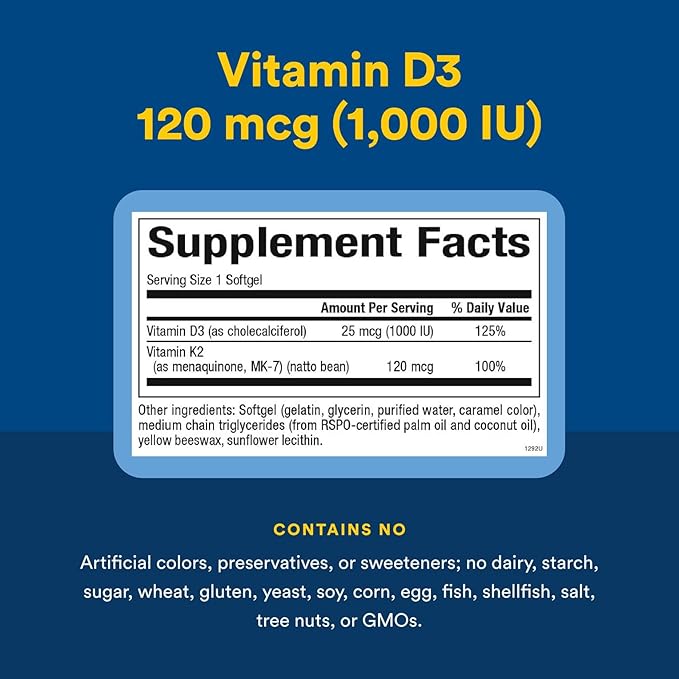 Natural Factors, Vitamin D3 & K2 1000 IU and 120 mcg, Supports Bone and Vascular Health, 60 Softgels