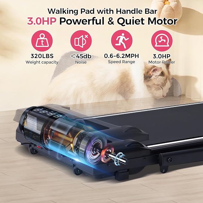 Compact Walking Pad with Handle Bar, Electric Treadmill with Handles and 3.5HP Powerful Motor, Portable Small Walking Pads Treadmill for Home Small Spaces,400LBS Weight Capacity