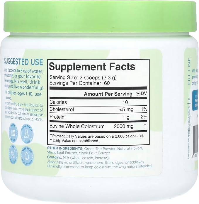 WONDERCOW Colostrum Supplement Powder for Gut Health, Immune Support, Muscle Recovery & Wellness | Natural IgG Pure Whole Bovine Colostrum Superfood, Matcha, 60 Servings