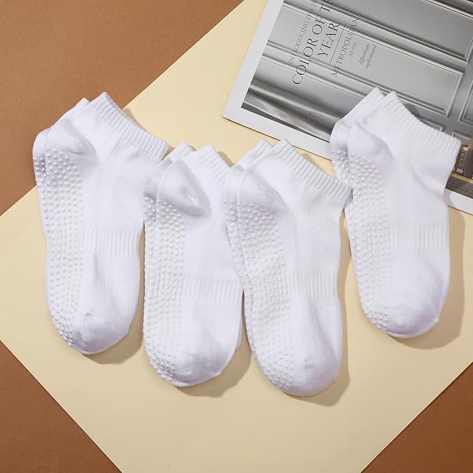 Jspupifip 4 Pairs Non Slip Yoga Socks with Grips for Women Men Pilates Grippy Socks Cotton Barre Hospital Home