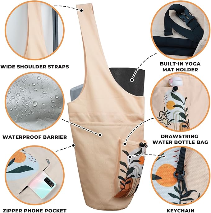 Yoga Mat Bag Carrier for Women Workout Large Waterproof with Zipper Pocket, Keychain and Wide Shoulder Straps