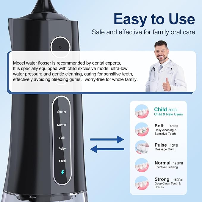 Water Dental Flosser OLED Display Cordless Teeth Cleaning MOCEL 5 Modes Oral Irrigator 300ML Portable and USB C Rechargeable IPX7 Waterproof Floss Teeth Pick (Black)