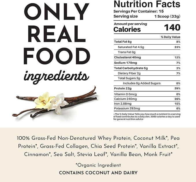 JUST INGREDIENTS Protein Powder | Vanilla Protein Powder Made with 100% Grass Fed, Non Denatured Whey | Four Different Protein Sources from Organic Whole Food Ingredients | 15 Servings | 22g Protein