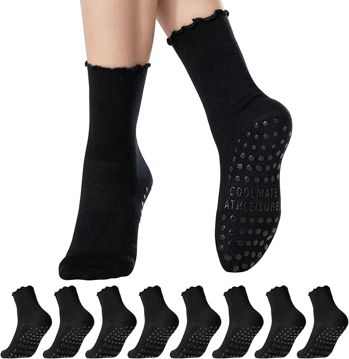 CoolMate 2/3/4 Pairs Pilates Socks with Grips for Women, Cute Yoga Socks, Crew Non Slip Women for Barre, Pilates Gifts
