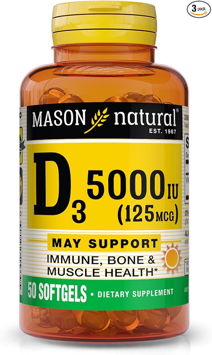 MASON NATURAL Vitamin D3 125 mcg (5000 IU), Supports Bone, Muscle & Immune Health, from Fish Liver Oil, 50 Softgels, Pack of 3