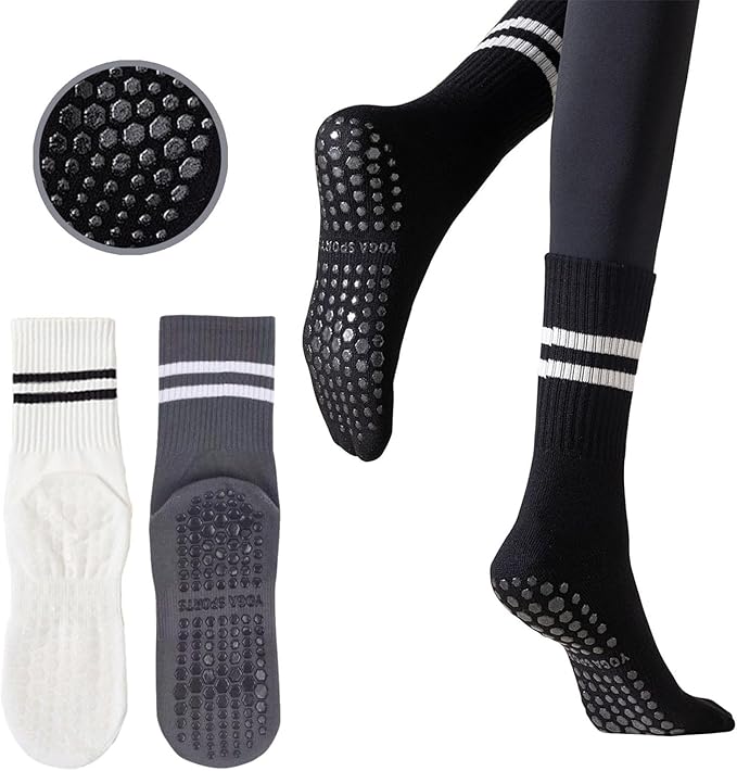 3 Pairs Womens Pilates Socks with Grips Yoga Socks Non Slip Grip Socks for Women for Gym Athletic Barre