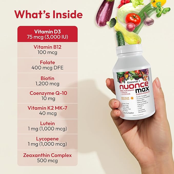 ANDREW LESSMAN Essential-1 nuonce max Multivitamin 3000 IU Vitamin D3 360 Small Capsules. 100 mcg Methyl B12. CoQ10 Lutein Lycopene Zeaxanthin. High Potency. No Additives. Ultra-Mild One Daily Capsule