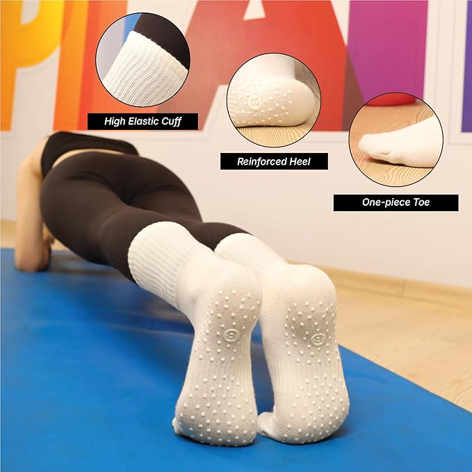 BELINO Pilates Socks for Women with Non Slip Grippers – Crew Socks for Yoga, Barre, Gym, Workout, Hospital 4 Pairs