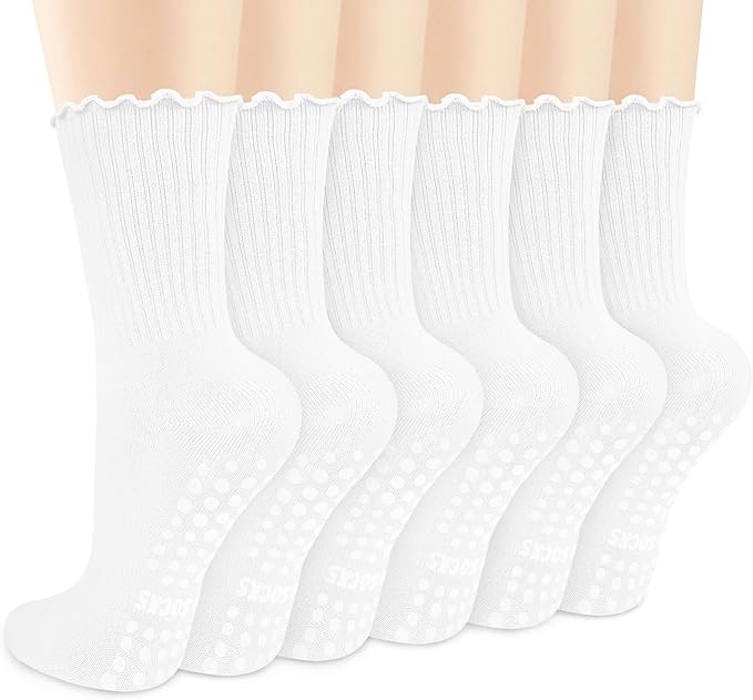 Justay 6 Pairs Womens Pilates Socks with Grips Crew Non Slip Ruffle Cotton for Athletic Workout Barre Hospital Yoga Socks
