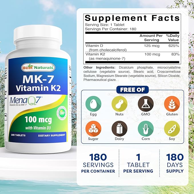 Best Naturals Vitamin K2 (MK7) with D3 Supplement Bone and Heart Health (5000 IU Vitamin D3 & 100 mcg Vitamin K2 MK7), 180 Tablets