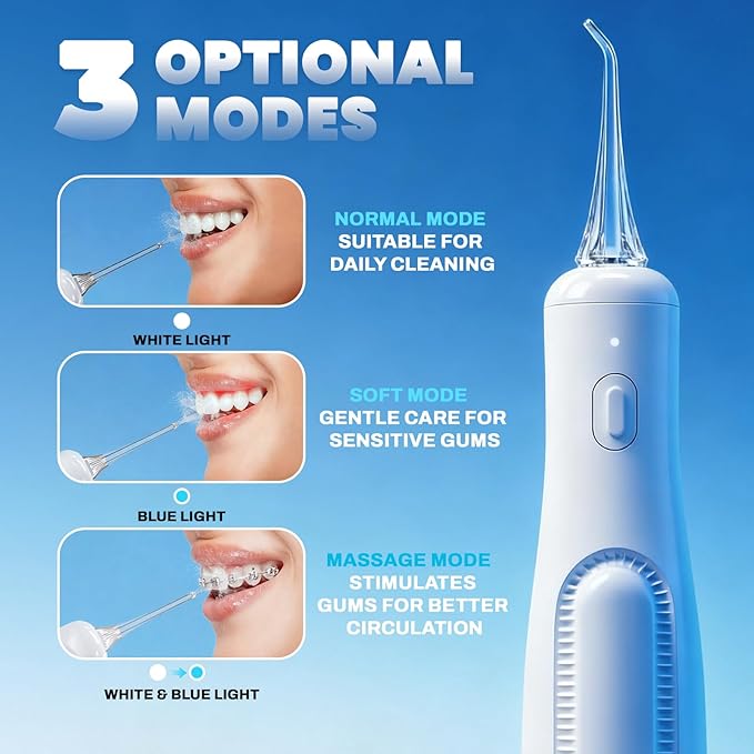 Water Dental Flosser Teeth Pick: Portable Oral Irrigator, 3 Modes Cordless Water flosser,Battery Operated, IPX5 Waterproof Flossing Machine for Teeth Cleaning for Travel Home - White
