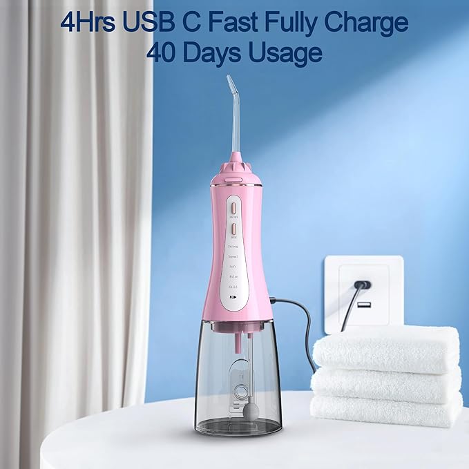 Water Dental Flosser for Teeth - 350ML Large Tank 5 Modes & 6 Tips Cordless, Oral Irrigator Waterproof, Portable Teeth Cleaning and Flossing with Effective Plaque Remover for Adults (Pink)
