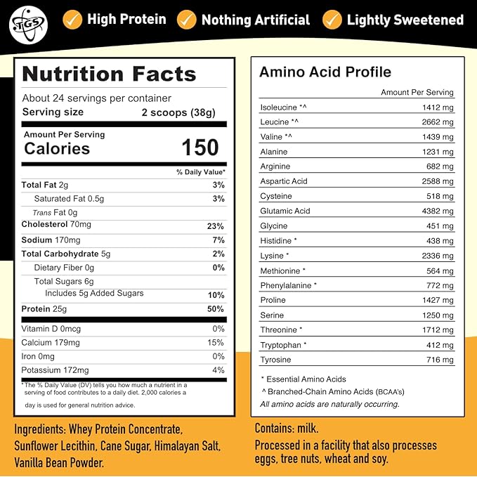 TGS Nutrition Vanilla Whey Protein Powder 2lb - No Artificial Sweeteners, All Natural Ingredients, Undenatured, No Stevia, Non GMO - 25g Protein for Women & Men Shakes, Smoothies - Aids Muscle Gain