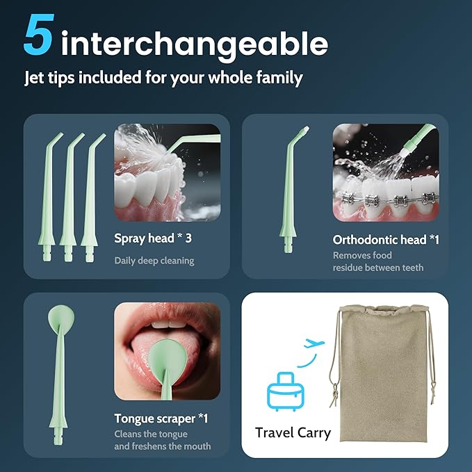 Water Flossers for Teeth, Electric Floss for Adults & Kids, Water Dental Picks, Cleaning and Flossing, Portable Flossers for Travel Size, Gums, Dental Care with Travel Bag, Waterproof - Green/Pink
