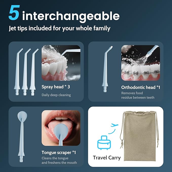 Water Flossers for Teeth, Electric Floss for Adults, Water Dental Picks for Teeth Cleaning and Flossing, Portable Flossers for Travel Size, Travel Bag and 4 Tips, IPX7 Waterproof - Blue