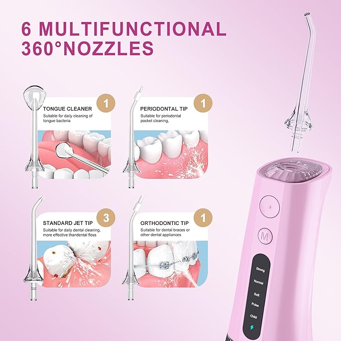 Water Dental Flosser OLED Display Cordless Teeth Cleaning MOCEL 5 Modes Oral Irrigator 300ML Portable and USB C Rechargeable IPX7 Waterproof Floss Teeth Pick (Pink)
