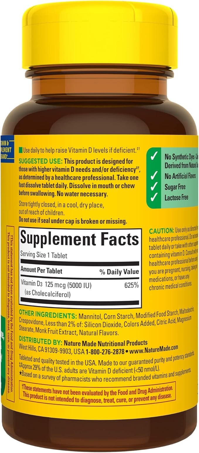 Nature Made Vitamin D3 5000 IU (125 mcg) Extra Strength, Vitamin D Supplement for Immune Support, 70 Sugar Free Fast Dissolve Tablets, 70 Day Supply