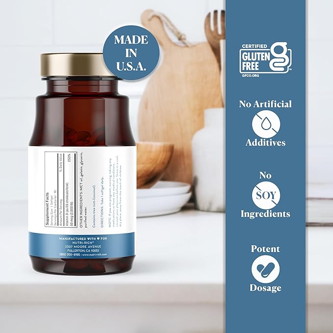 Nutri-Rich Vitamin D3 2000 IU — Daily Immune Support Softgels for Bone & Muscle Function, High Potency, No Artificial Additives, Soy-Free, Gluten‑Free, Third-Party QualityTested