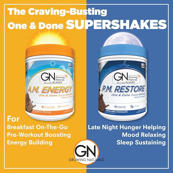 Growing Naturals All Natural Plant Based Protein, One & Done Super Shake, 18g Protein with Non-GMO High Fiber and Gluten Free, A.M. Energy 1 Pound (Pack of 1)