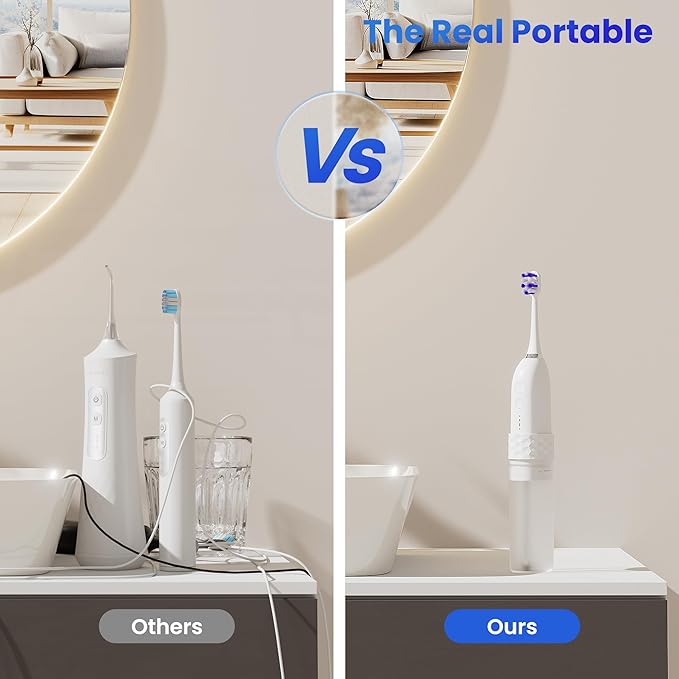 Portable Water flosser with Electric Toothbrush, 2 in 1 Teeth Cleaning Kit, Electric Toothbrush and flosser Combo, Water Flosser for Travel and Home (White)