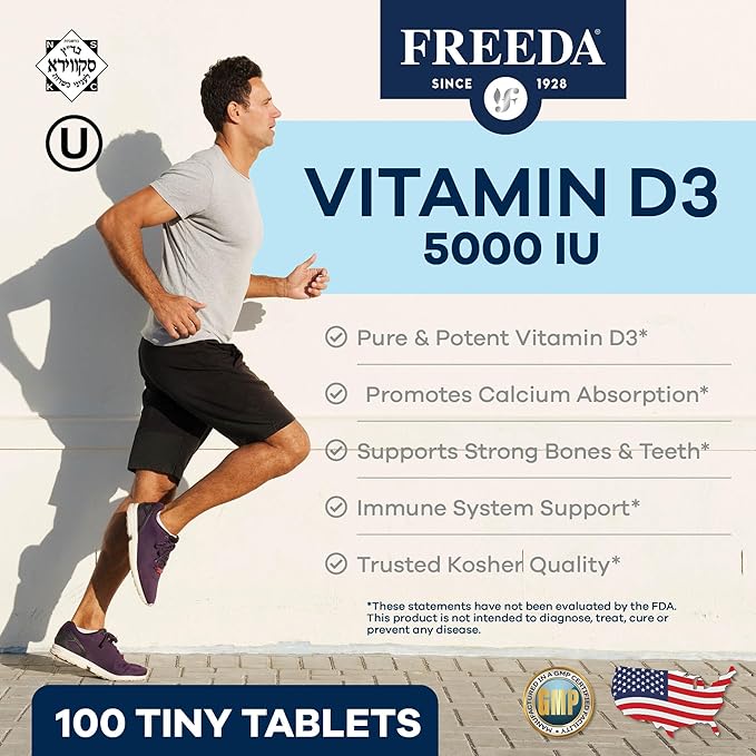 FREEDA Vitamin D3-5000 IU – High-Potency Vitamin D for Bone Strength & Immune Support – Easy-to-Swallow Tablets – 100 Tiny Tablets