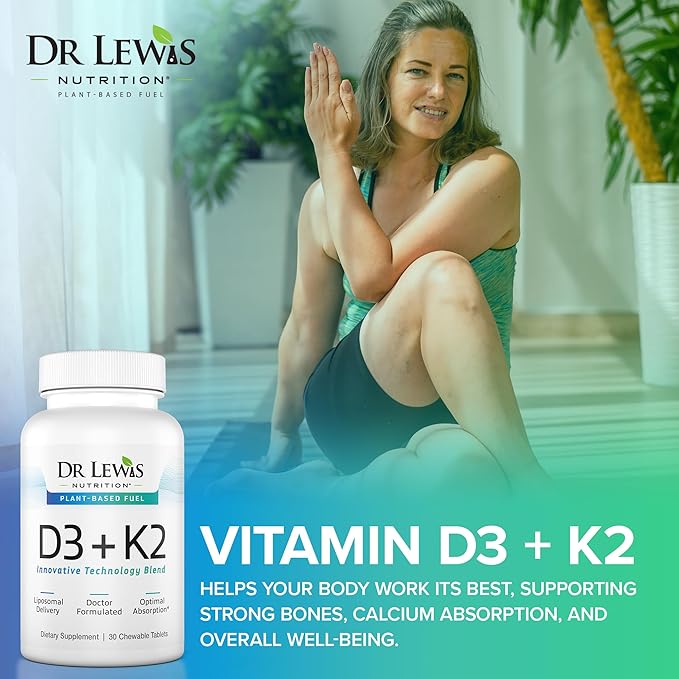Liposomal Vitamins D3 + K2 Supplement Doctor Formulated Support for Heart, Brain, Bones, and Immune System Sourced from Plant Based Lichen and Natto - Gluten-Free, Non-GMO - 30 Chewable Vegan Tablets