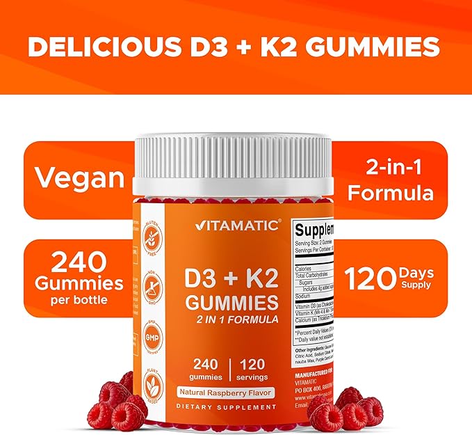 Vitamatic Vitamin D3 K2 with Calcium Gummies - 240 Count - Non-GMO, Gluten Free