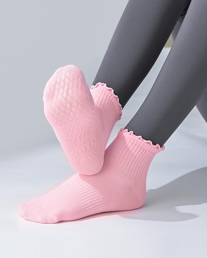 Non Slip Grip Yoga Socks for Women Breathable Cute Ruffle Ankle Socks for Yoga, Pilates, Barre Workouts