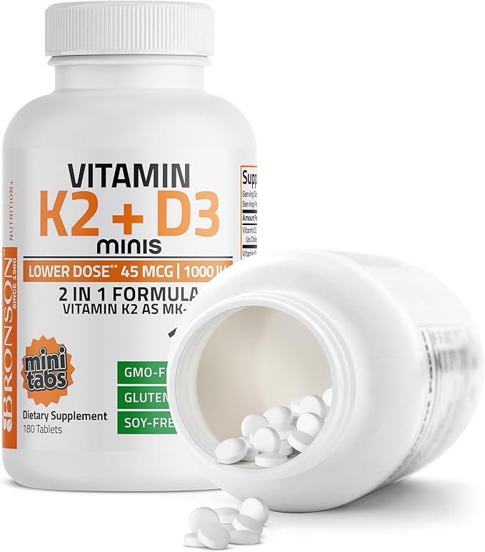 Bronson Vitamin K2 (MK7) with D3 Lower Dose 45mcg Vitamin K2 & 1000 IU Vitamin D3 Easy to Swallow Daily Maintenance 2 in 1 Formula Non-GMO, 180 Mini Tablets