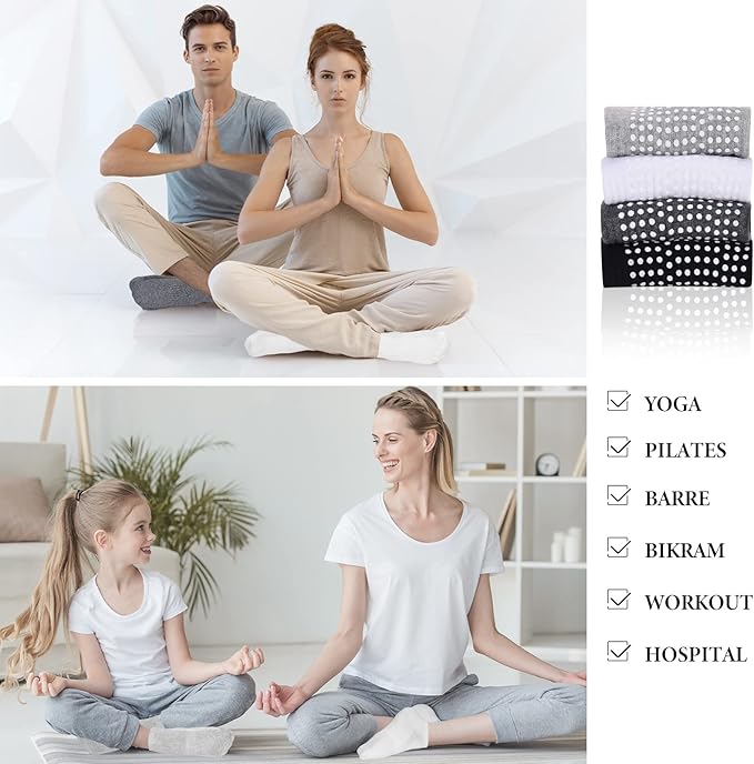 Jspupifip 4 Pairs Non Slip Yoga Socks with Grips for Women Men Pilates Grippy Socks Cotton Barre Hospital Home