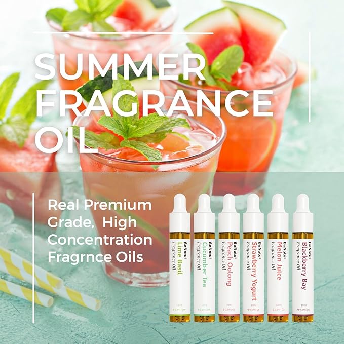Benatu Summer Premium Fragrance Oils Set for Diffuser, Candle, Soap Making - Fruity Scents Aromatherapy Perfume Oil Gift for Home (Lime Basil, Cucumber, Peach, Strawberry, Melon, Blackberry Bay) 6 Pcs
