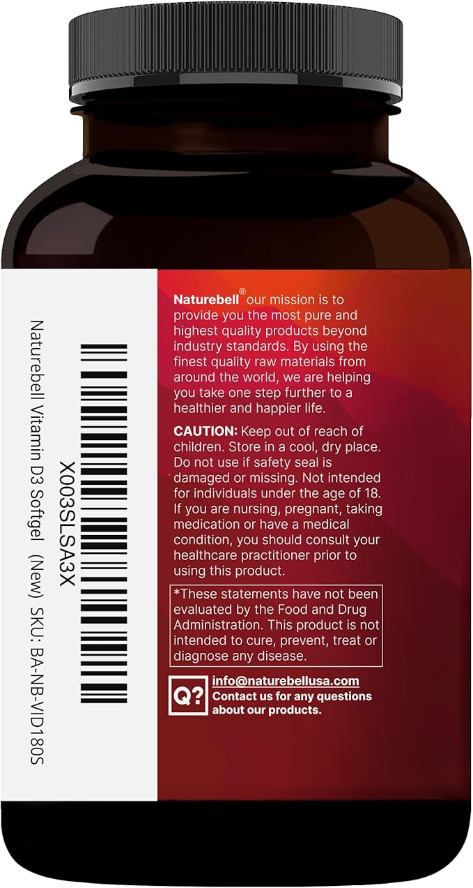 NatureBell Vitamin D3 50,000 IU + K2 200 mcg, 180 Softgels | Once-Weekly Formula with Coconut Oil | Max Strength Bone, Heart & Immune Support | MK-7 Form | Non-GMO