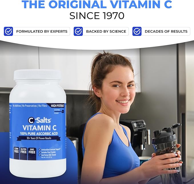 C-Salts Pure Ascorbic Acid Powder - High Dose 100% Pure Vitamin C Powder Supplement for Immune Support - Sugar-Free Powdered Drink with Soluble Fine Crystals, Organic, Corn-Free Non-GMO 8oz