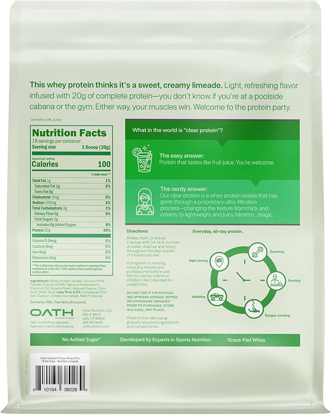 Oath Nutrition Clear Whey Isolate Protein Powder, Brazilian Limeade, 20g Complete Protein per Serving, No Added Sugar, Grass-Fed, 18 Servings