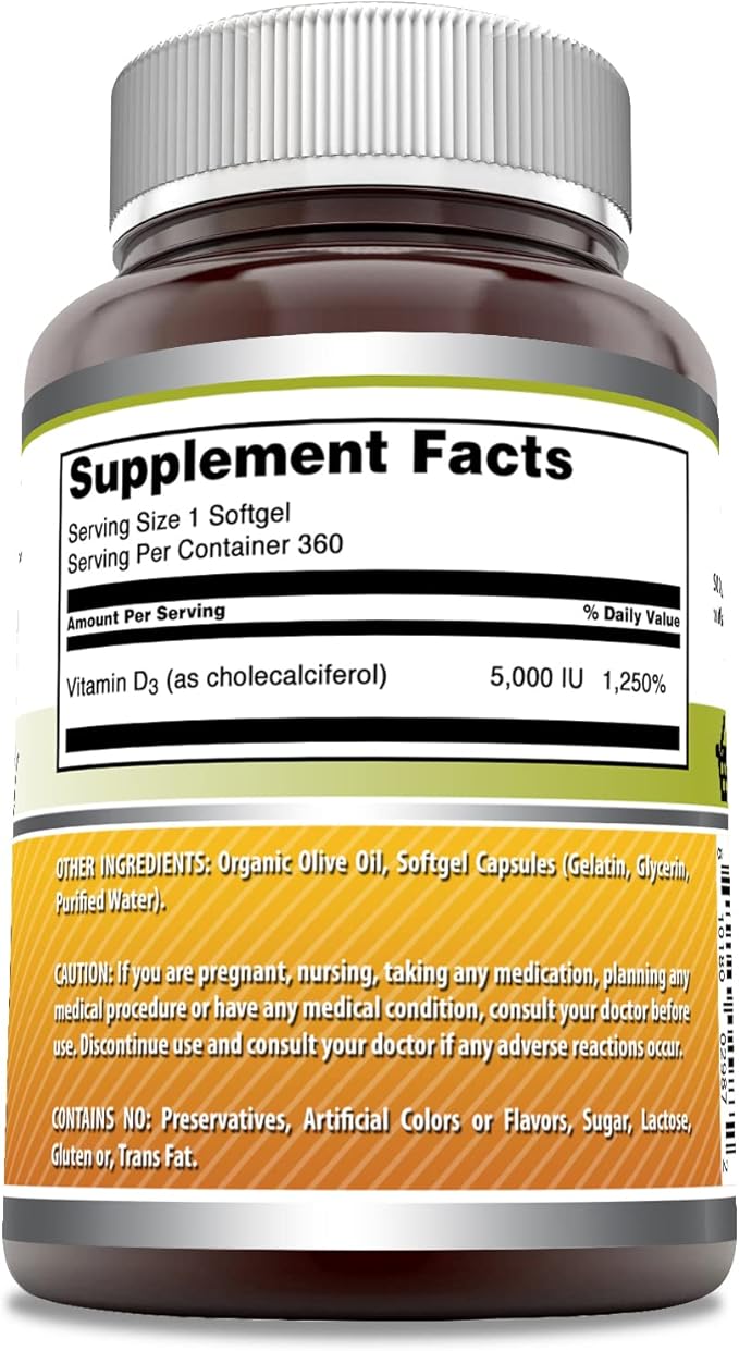 Amazing Formulas Vitamin D3 in Olive Oil 5000 IU Supplement | Softgels | Non-GMO | Gluten-Free | Made in USA (1 Pack | 360 Count)