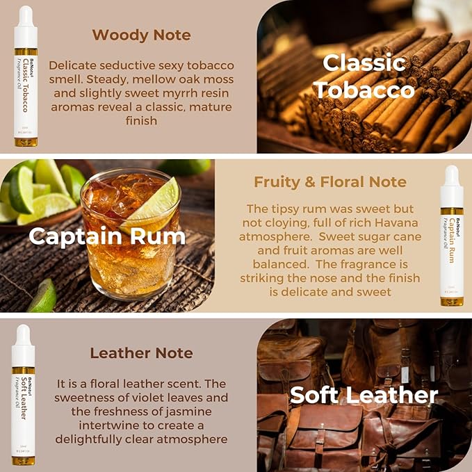 Benatu Gentleman Premium Fragrance Oils Set for Diffuser, Candle, Soap Making - Men Scents Aromatherapy Perfume Oil Gift for Home (Tobacco, Rum, Leather, Ebony, Spice Cinnamon, Oak Cologne) 6 Pcs