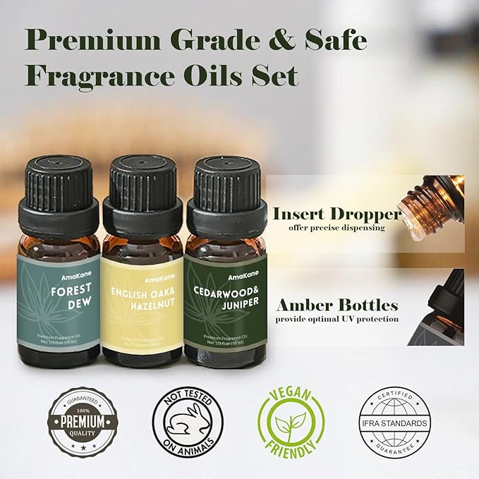 AmaKane Woodland Fragrance Oil, Forest Diffuser Oil Scents, Candle Scents for Candle Making, Soap Making Scents, Frosted Fir, Cedarwood&Juniper, Oakmoss Amber and More Essential Oils 6x10ml