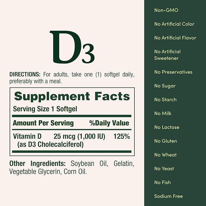 Nature’s Bounty Vitamin D3 1000 IU, Immune Support, Helps Maintain Healthy Bones, 250 Rapid Release Softgels