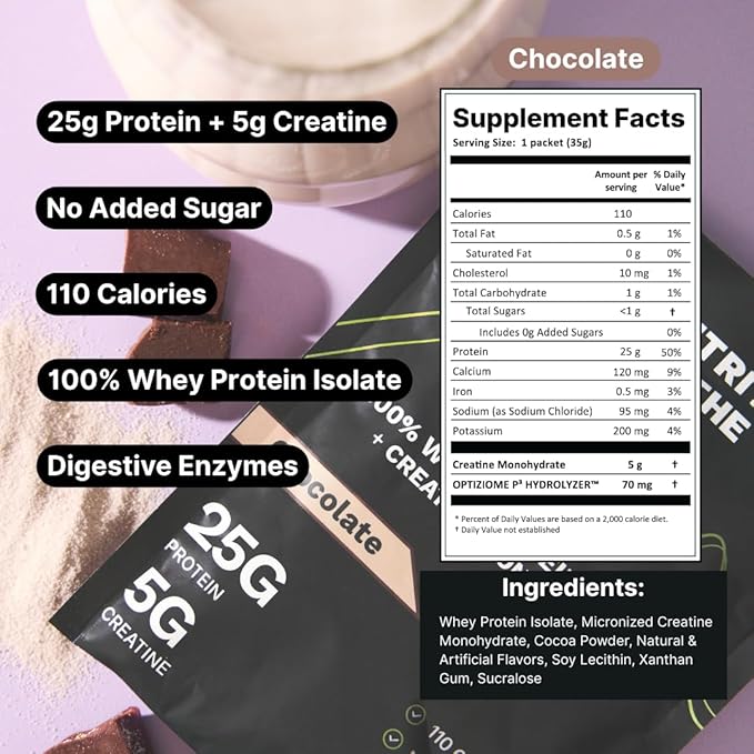 Nutrition On The Go Whey Protein Isolate Packets with Creatine – 25g Protein + 5g Creatine – Single-Serve Travel Protein Powder – Chocolate (15-Pack)
